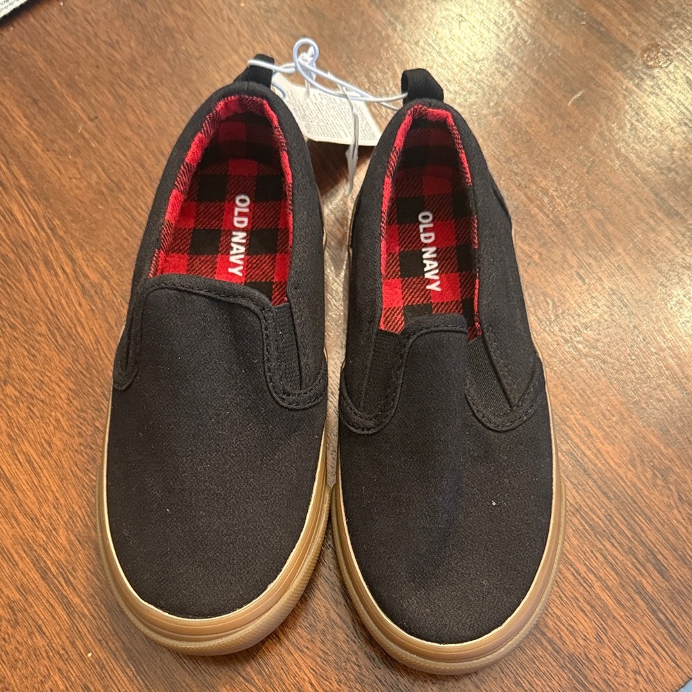 Old Navy Black Canvas Slip-On Sneakers with Red Plaid Lining